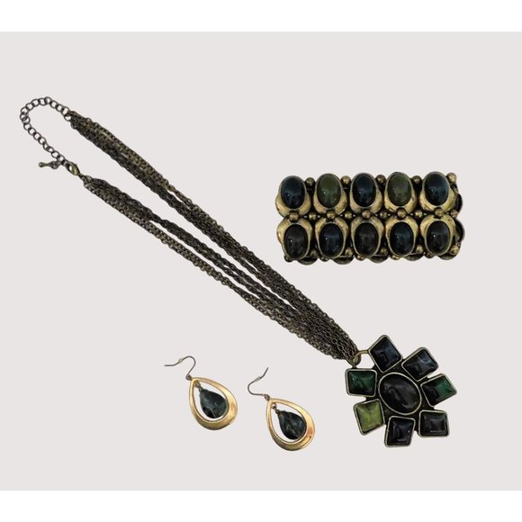 Set Necklace 16-19" Marble Pierced Fishhook Earrings Bracelet Bronze Green Blue - Picture 1 of 13